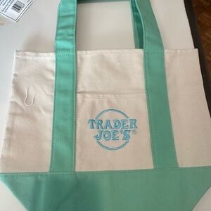 NWT Trader Joe's Cream Canvas Tote with Mint Green Accents